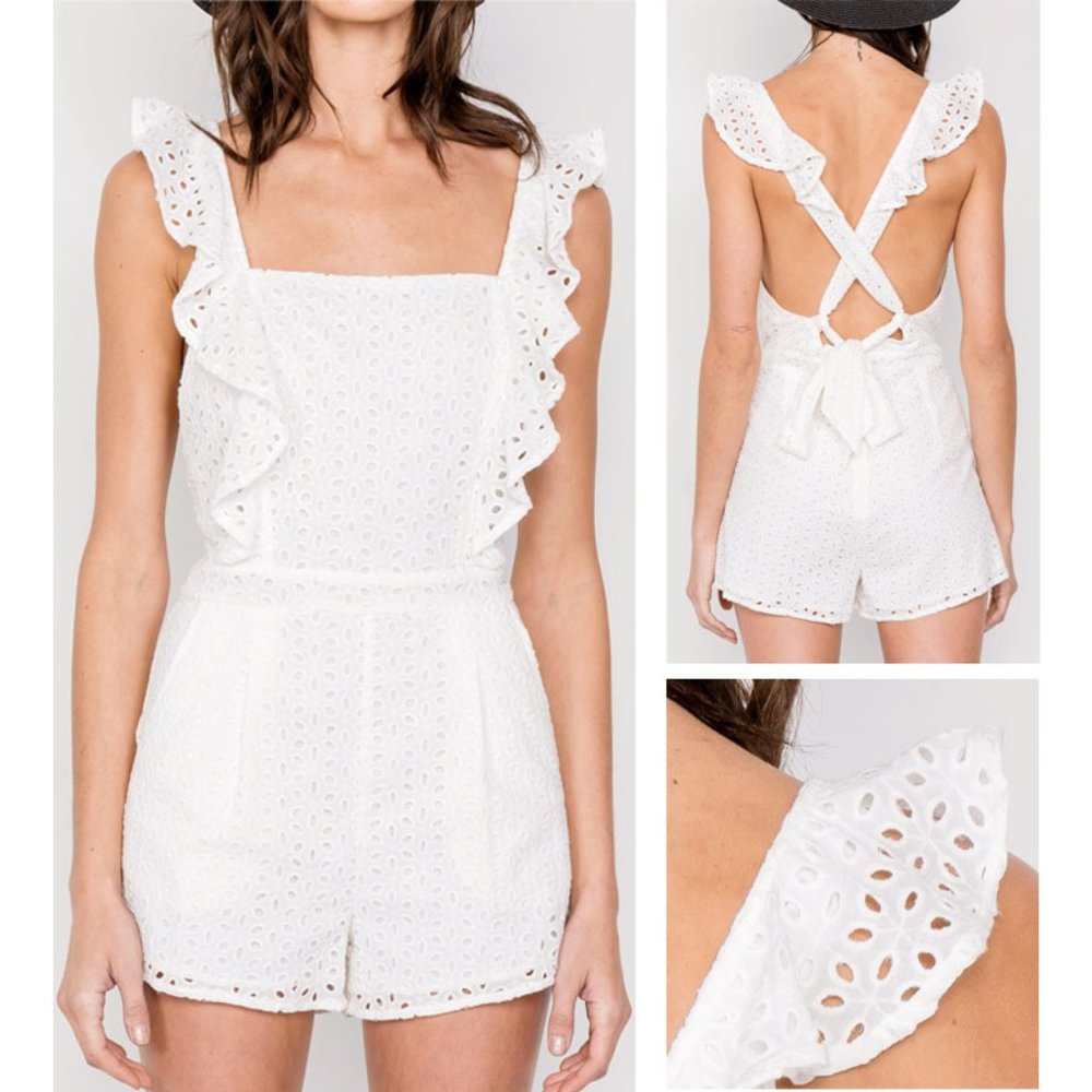 White Eyelet 100% Cotton Open Back Ruffle Romper - Picture 6 of 8